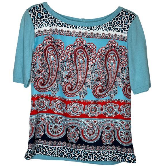 Talbots Womens Paisley Print Knit Top Size XS Turquoise‎ Blue Boat Neck NWOT - Picture 1 of 6